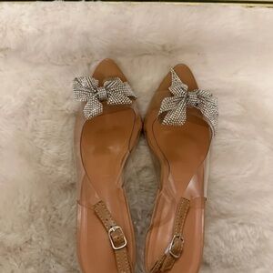 SHEIN Tan Slingback Sandals with Rhinestone Bow